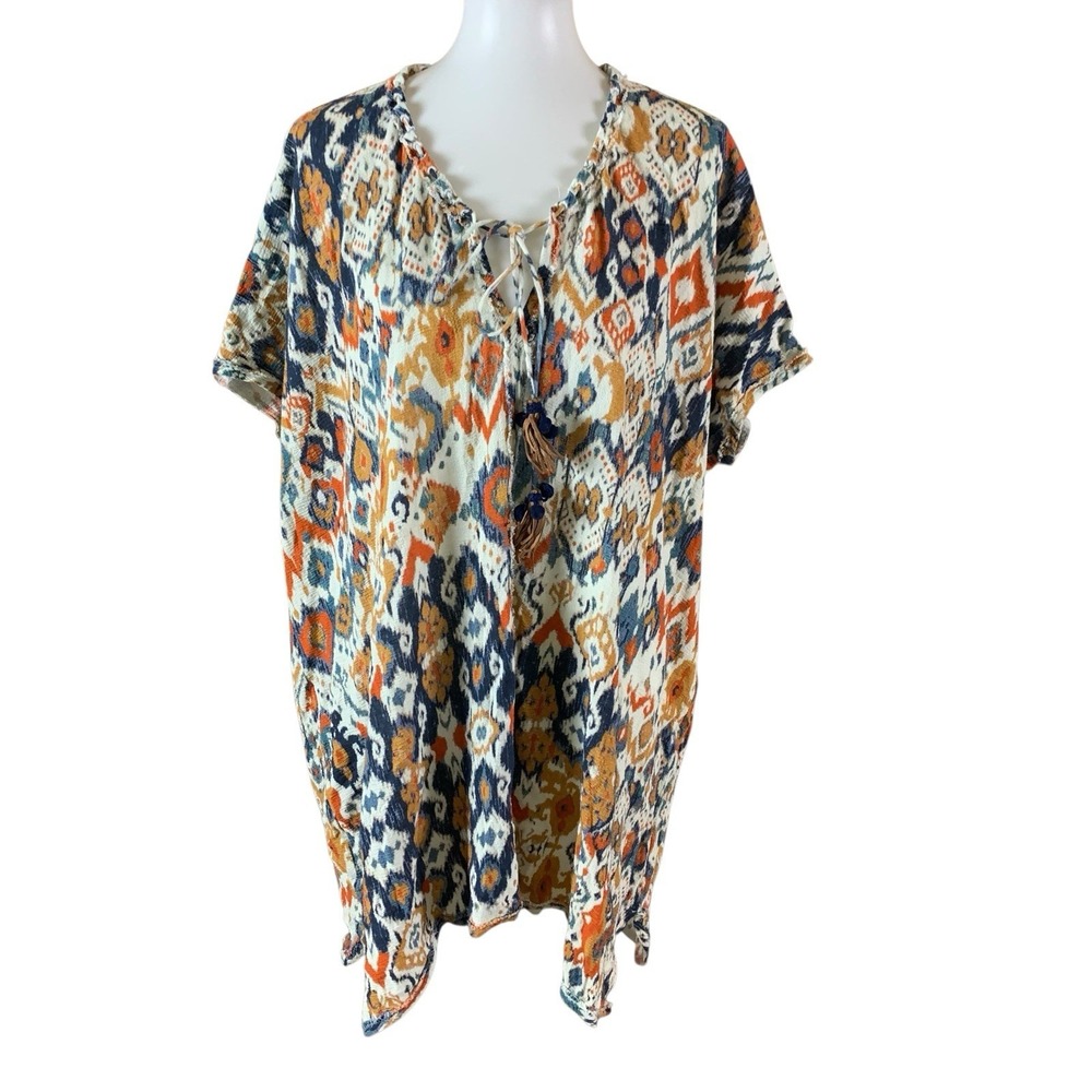 Minnie Rose Ikat Lace Up Tunic Top Boho Lightweight Oversized‎ One Size
